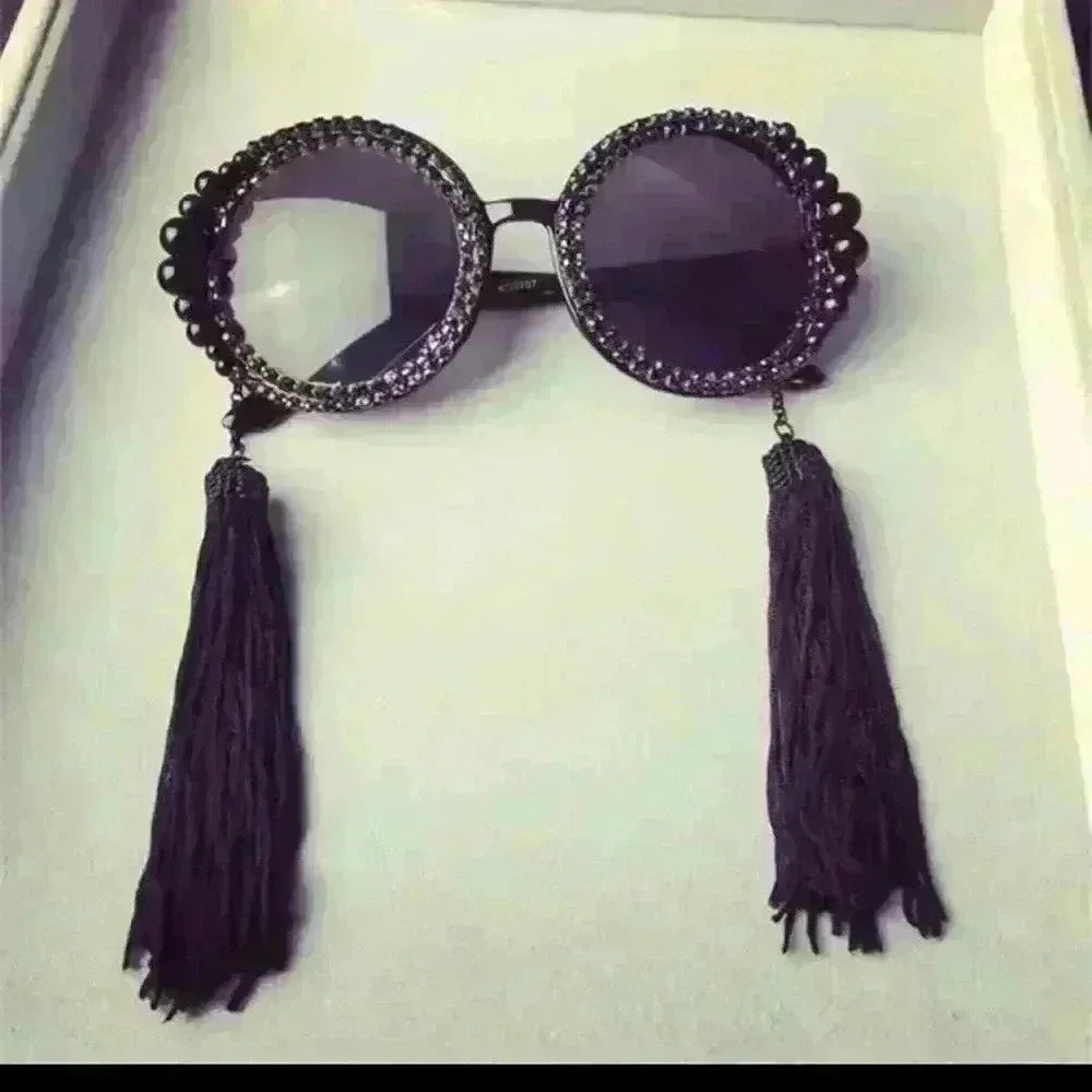 Baroque round tassel pearl rhinestones decoration sun large frame sunglasses - Picture 2 of 3